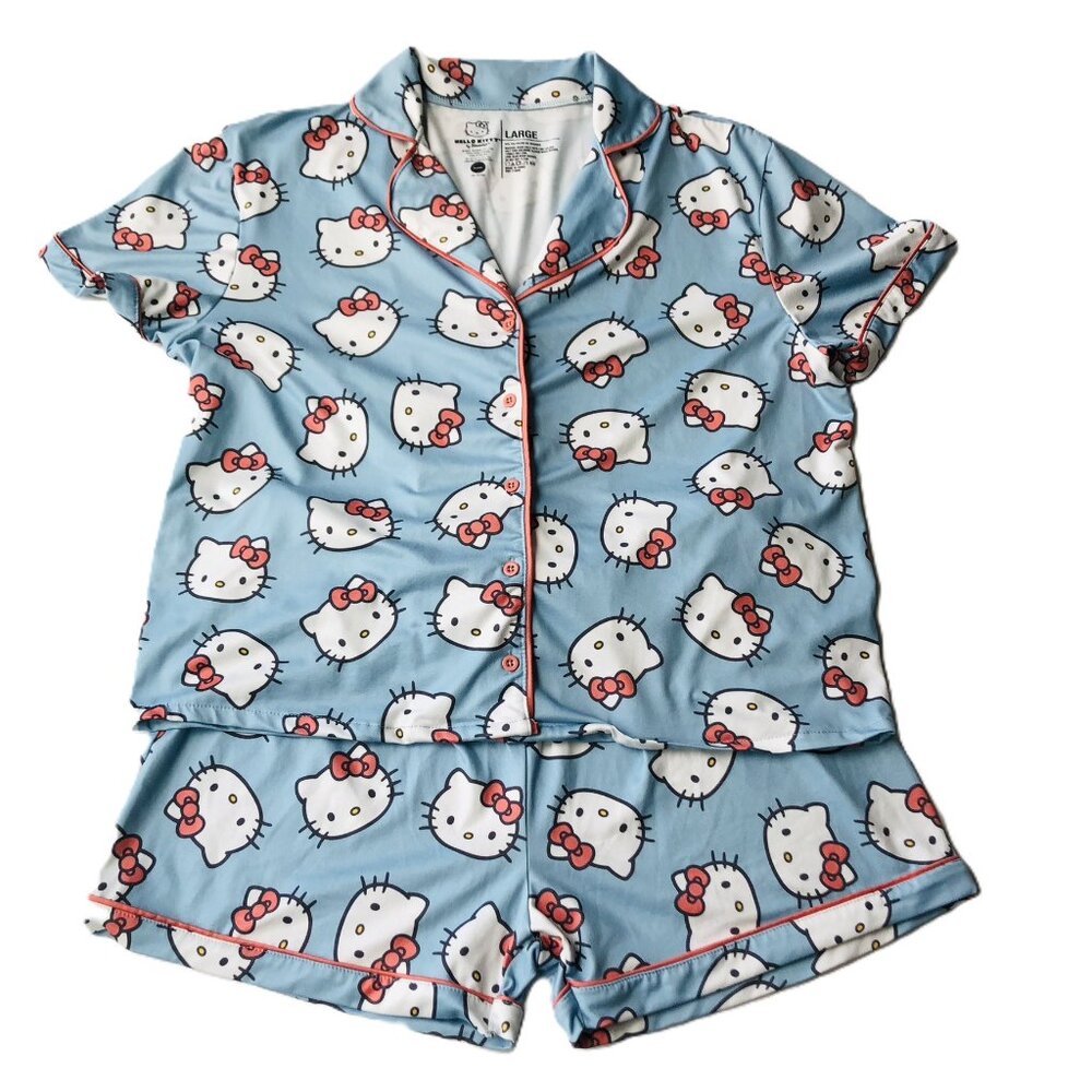 Hello Kitty Sanrio Pajama Set Button-Up Short Sleeve & Shorts Size L Blue